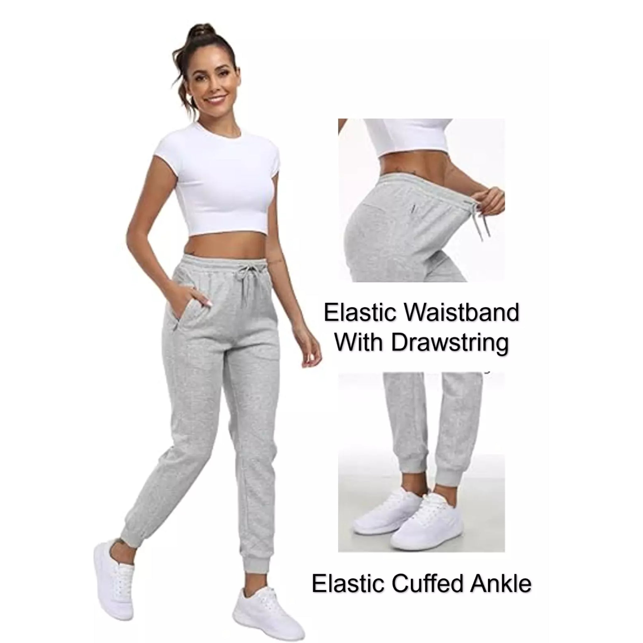 Ladies classic grey joggers with elastic waistband, drawstring, and cuffed ankles